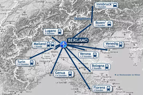 Bergamo: Hogyan juthat el oda? Költség, utazási idő, átadás. 54643_3